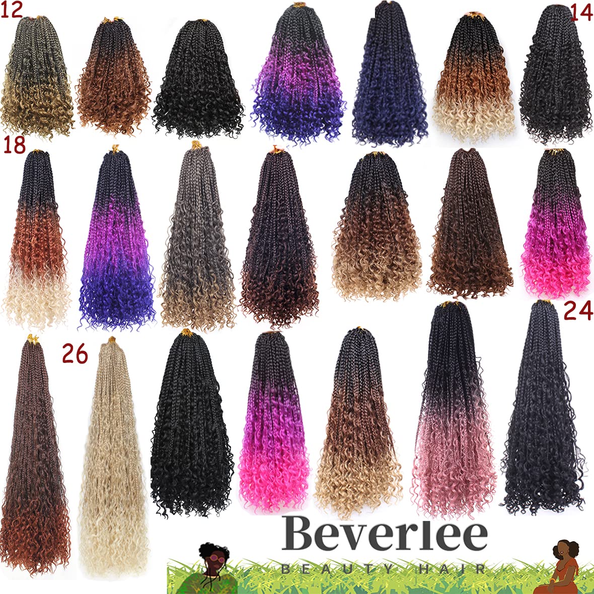 Beverlee 14 Inch Boho Box Braids 8 Packs Goddess Box Braids Crochet Hair Bohemian Hippie Braids Braiding Hair Box Braids with Curly Ends Messy Pre-looped Synthetic Crochet Hair for Women 128 Strands