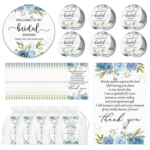 XunYee 30 Sets Bridal Shower Favors for Guests Flower Design Makeup Mirrors Leather Compact Mirrors Bridal Thank You Cards with Organza Bags Bridesmaid Gifts Wedding Party Favors Supplies (Blue)