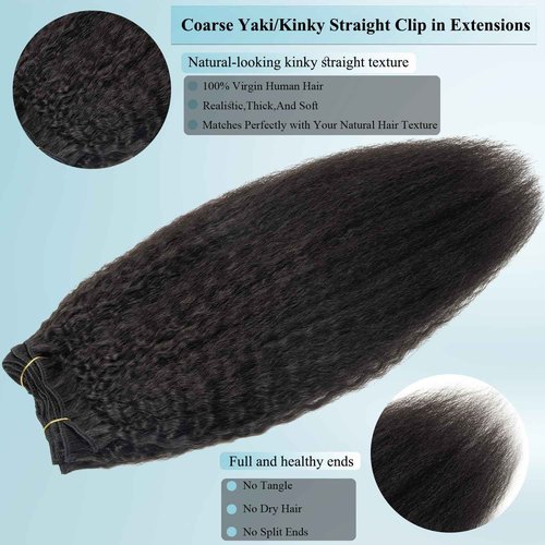 CiTake 16 Inch Yaki Straight Clip in Hair Extensions Real Human Hair for Black Women 90g/8pcs Double Weft 10A Brazilian Kinky Straight Clip ins 100% Virgin Human Hair Clip in Extensions Natural Black