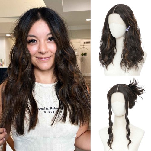 BUPPLER Wig 18 Inch Medium Length Wigs for Women Middle Part Synthetic Hair Wavy Wig with Upgraded Elastic Straps,Natural Hair Wigs for Daily Party/Halloween Use 18Inch,Brown Highlight Lace Hairline