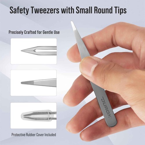 DUROX Precision 4-Piece Tweezer Set 1. Safety Tweezers for Facial Hair Removal for Women 2. Pointed Tip for Ingrown Hairs & Splinters 3. Precision Slant for Eyebrows 4. Classic Slant. Stainless Steel