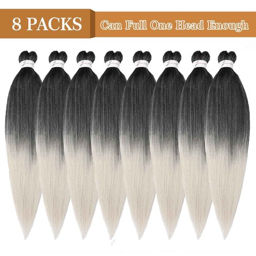 8 Packs Pre Stretched Braiding Hair, 48 Inch Braiding Hair Pre Stretched Yaki Texture, Hot Water Setting, Easy To Install Professional Synthetic Ombre Braiding Hair(1B/Silver)