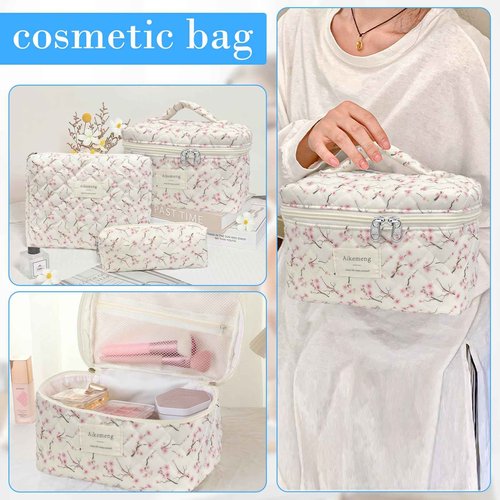 3 Piece Floral Quilted Makeup Bag, Large Capacity Travel Cosmetic Bag for Women and Girls, Aesthetic Storage for Daily and Travel Use (3pcs-peachblossom)