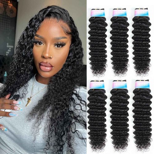Deep Wave Bundles, Curly Bundles Human Hair, 10 12 14 Inch, Wet and Wavy, Natural Black, Soft, 285g-300g, Brazilian Hair