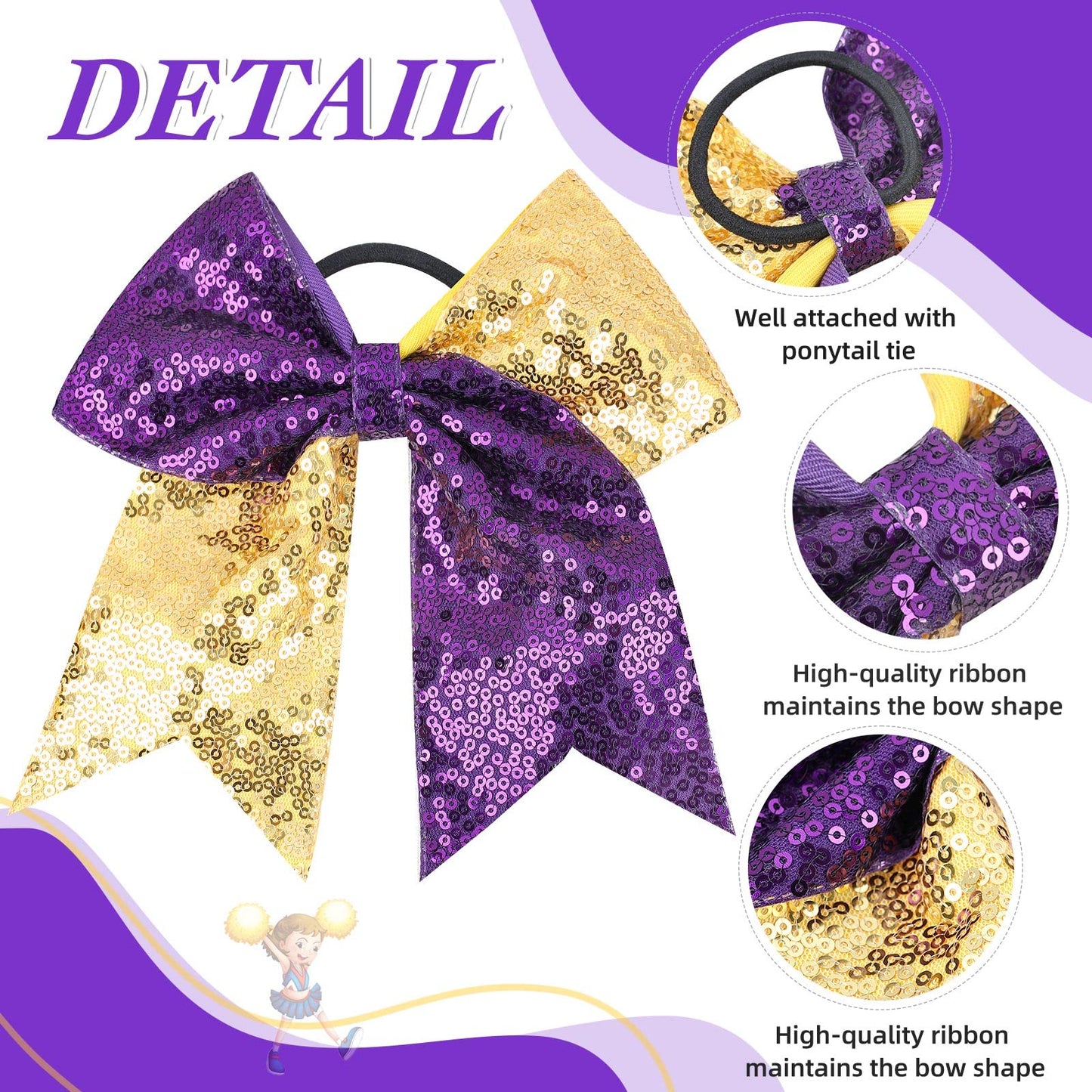 Oaoleer 12PCS 7" Sequin Glitter Cheer Bows - Large Sparkly Cheer Hair Bows for Girls - Competition Cheerleader Bows - Ponytail Holder with Elastic Band Hair Tie for Cheerleading Team Sports, Purple