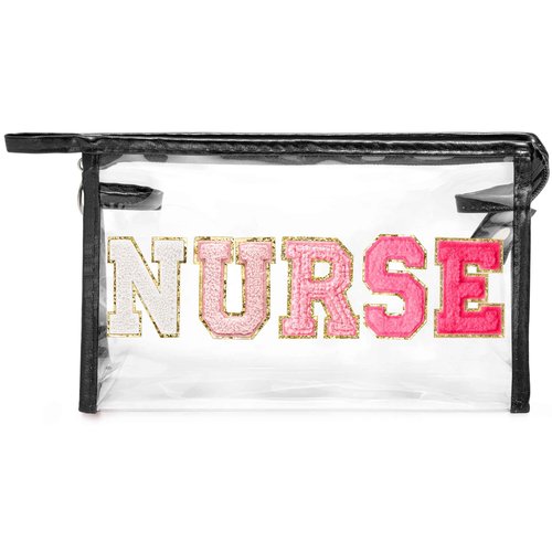 CY2SIDE NURSE Clear Makeup Bag - Gradient Pink NURSE Letter Patch Cosmetic Bag with Handle for Travel