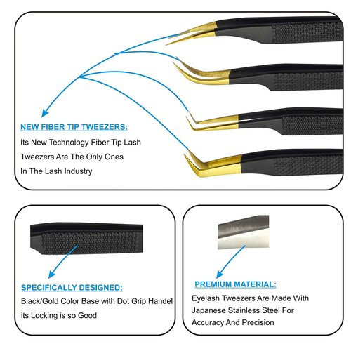 BEAUTICS Alishba Beauty Eyelash Extension Tweezers, Precision Fiber Tip Grip Japanese Stainless Steel Profiessional (Set of 4 Eyelash Tweezer) (BLACK GOLD)
