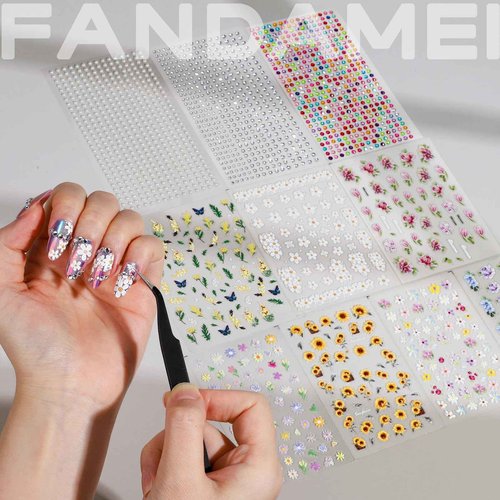 FANDAMEI Flower Nail Stickers, Nail Decals, 7 Sheets 5D Embossed Nail Stickers for Nail Art, 10 PCS Self-Adhesive Nail Art Sticker, Floral Nail Decorations for Girls, Women