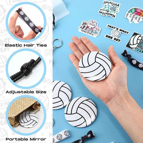 JaGely 110 Pcs Volleyball Party Favors Bulk Volleyball Gifts Accessories, Including Bracelet Mirrors Keychain Makeup Bag Hair Ties and Stickers Sports Theme Party Supplies for Girls Women Teammates