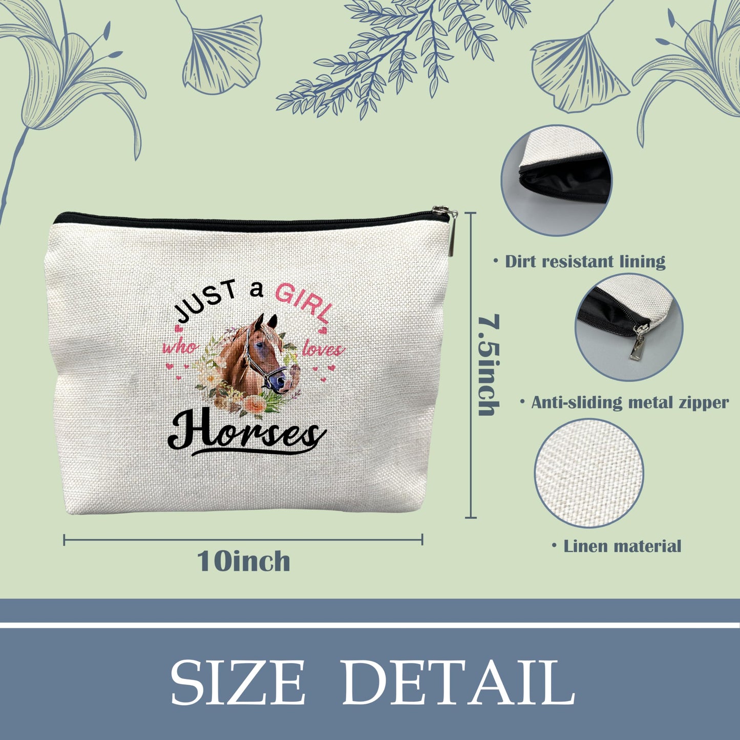 NATSUNO Horses Makeup Bag,Horses Cosmetic Bag,White Makeup Bag,Just A Girl Who Loves Horses Make Up Bag,Floral Makeup Bag,Girls Makeup Bag,Makeup Bag For Girls