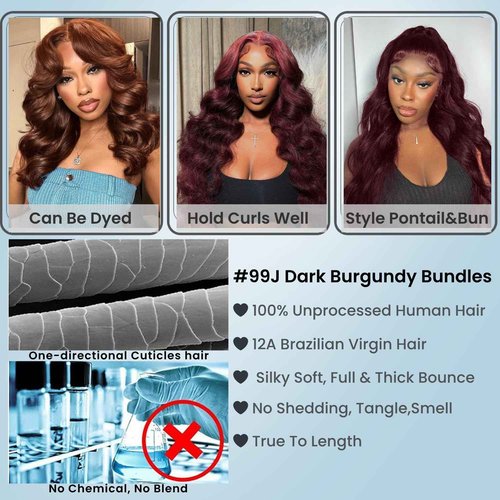 ALHER 99j Color Human Hair Bundles Body Wave, 12A Dark Burgundy Wine Red Colored Bundles Human Hair, 100% Unprocessed Virgin Remy Hair Soft Thick Single Wavy Bundle Sew In Double Weft 10 Inch