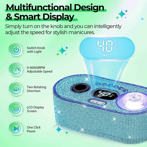 JOSGLOI Electric Nail Drill Professional: Shiny 40000RPM Electric Nail File Kit E File Nail Drill Machine with LCD Display for Acrylic Gel, Manicure Pedicure Polishing Grinder for Salon Home, Diamond