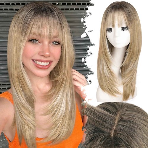 Eawwii Wig with Bangs for Women Ash Blonde with Silver Highlights-Dark Roots Straight Face-Framing Layers Hairstyle 4x4 Realistic Scalp Glueless Synthetic Wigs Medium Length for Everyday Use