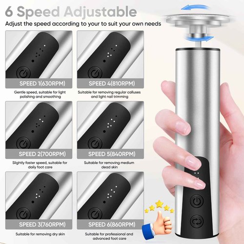 Electric Foot Callus Remover (6 Speed Adjustable), 2 in 1 Electric Foot File Nail Grinder, Rechargeable Foot Sander Pedicure Tools for Feet Dead Skin with Sandpaper Disk and Nail Drill Bits, Silver