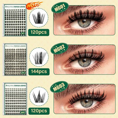 KEYYOULASH Manga Lash Clusters Kit 8-18mm Eyelash Clusters Kit DIY Lash Extension Kit Natural Fairy Cluster Lashes with Lash Bond Seal Remover Applicator Soft Thin Band(MG03)