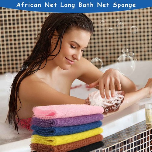 BHYTAKI 6 Pieces African Net Sponge African Exfoliating Net Long African Bath Sponge Washcloth Shower Net African Body Scrubber Net for Skin Smoother Daily Use(Pink,Yellow,Purple,Black,Blue,Brown)