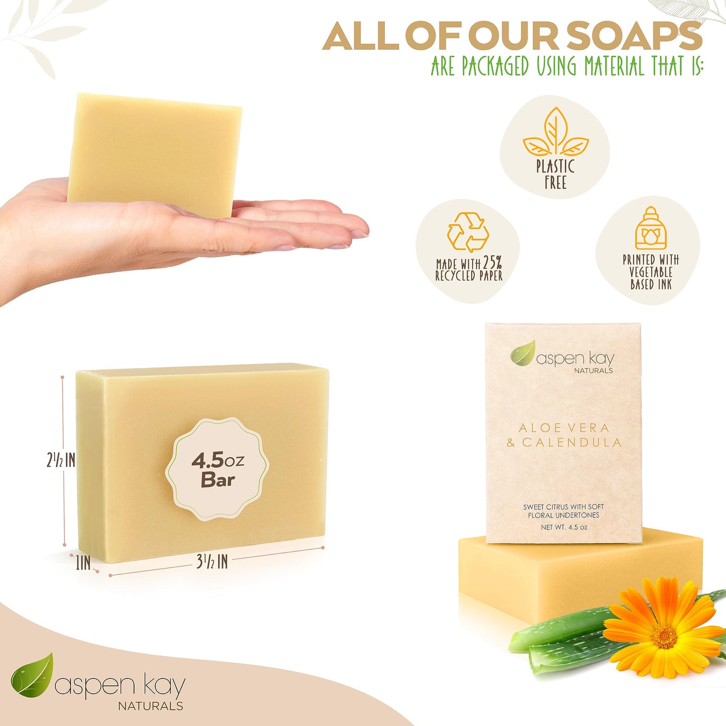 Aspen Kay Naturals Handmade Aloe Vera & Calendula Soap for Face & Body - Natural & Organic Ingredients - Organic Aloe Vera, Calendula & Turmeric - Shaving Soap – Made in the USA 4.5 oz