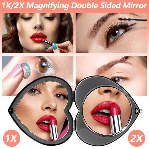 EYIWEITING Mini Heart Compact Mirror,Compact and Beautiful, Portable 1X/2X Magnifier, Sturdy, Perfect for Gifts (Pearl Black)