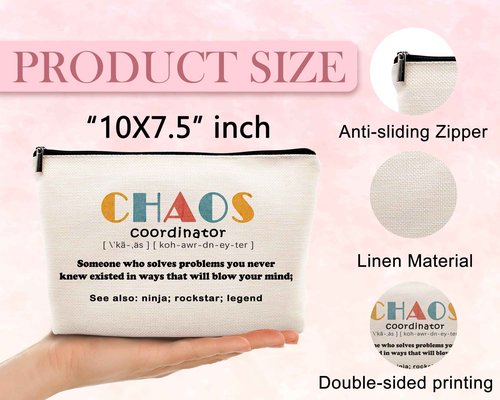 kdqua Chaos Coordinator Makeup Bag for Women, Thank You Supervisor Gifts for Boss Teacher Boss Lady Coworkers, Christmas Staff Appreciation Gifts Linen Cosmetic Bag Zipper Pouch Travel Toiletry Bag