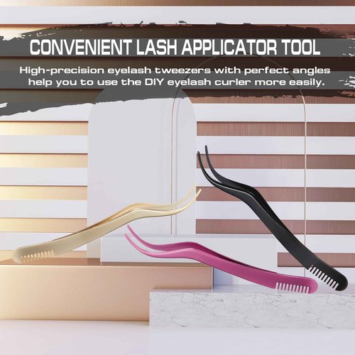 2 in 1 Lash Tweezer with Comb, Eyelash Extension, Stainless Steel Elbow Tweezers, Precise Eyebrow Tweezers Tool, Lashes Tweezer Applicator for DIY Applying False Eyelashes Clusters, Gold