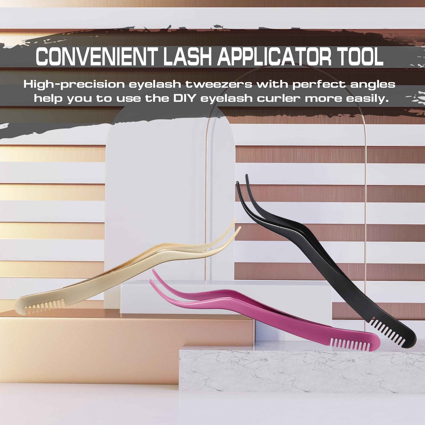 2 in 1 Lash Tweezer with Comb, Stainless Steel Elbow Tweezers, Eyelash Extension, Precise Eyebrow Tweezers Tool, Lashes Tweezer Applicator for DIY Applying False Eyelashes Clusters, Rose