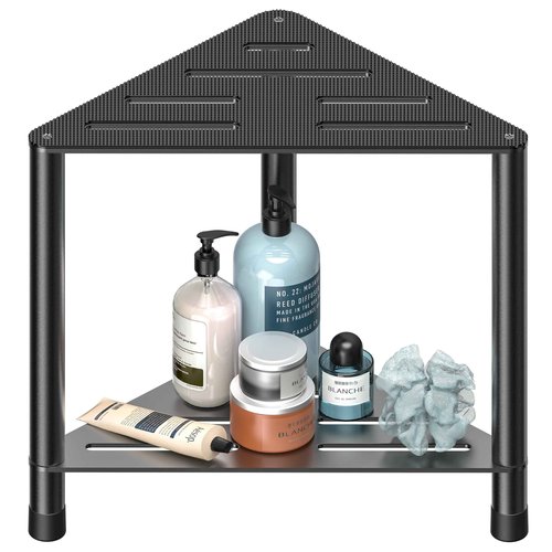 LarFaFa Stainless Steel Large Shower Stool for Inside Shower, 15.4'' H Shower Foot Rest, Corner Shower Stool with Storage Shelf, Shower Step for Shaving Legs, Bathroom Corner Shower Bench, Black