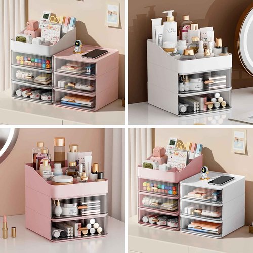 DASITON 6 Slots Makeup Brush Holder,Makeup Organizer,Makeup Brush Holder with 2 Drawers,Divided Makeup and Makeup Storage Holder,for Cosmetics(Pink-F1)