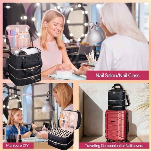 SIYNPAV Nail Polish Organizer Bag Holds 84 Bottles (15ml/0.5fl.oz)& Nail Lamp, 3 Layers Detachable Nail Kit Storage Case PU Leather, Large Travel Nail Supplies Shoulder Bag for Manicure Tools (Black)