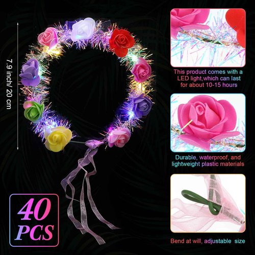 Syhood 40 Pcs LED Flower Headband, Light up Flower Crown Garland Headdress Floral Headpiece for Women Hair Accessories Bridal Shower Holiday Birthday Wedding Party(Rose Style)