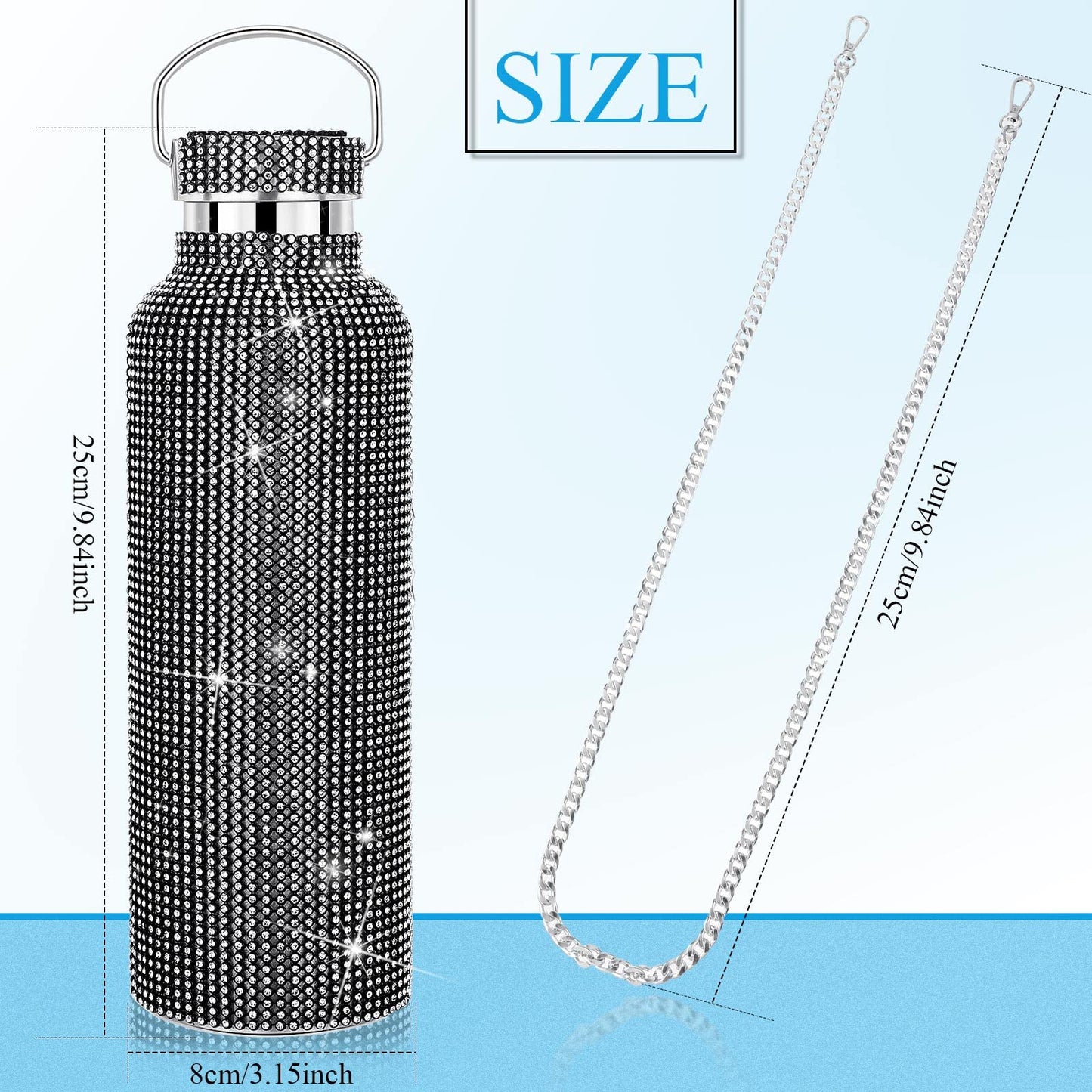 2 Pieces Bling Water Bottle Diamond Water Bottle Rhinestone Glitter Water Bottle with Chain Stainless Steel Thermal Bottle Bedazzled Refillable Water Bottle Gift for Women Girl (25 oz, Black, Silver)