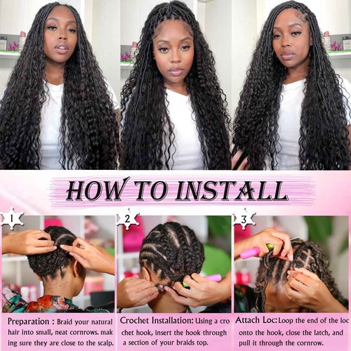 Goddess Locs Crochet Hair 30 Inch Faux Locs Crochet Pre-looped Boho Faux Loc with Curly Ends 8 Packs Long Bohemian River Loc Crochet Hair for Black Women(30Inch,1b/4/30)
