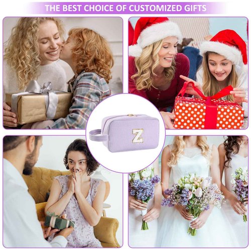 Huifen Personalized Initial Makeup Bag A-Z, Travel Toiletry Bag Preppy Make Up Bag Cosmetic Pouch Makeup Organizer for Women Birthday Christmas Gifts for Teen Girls Trendy Stuff (Purple, C)