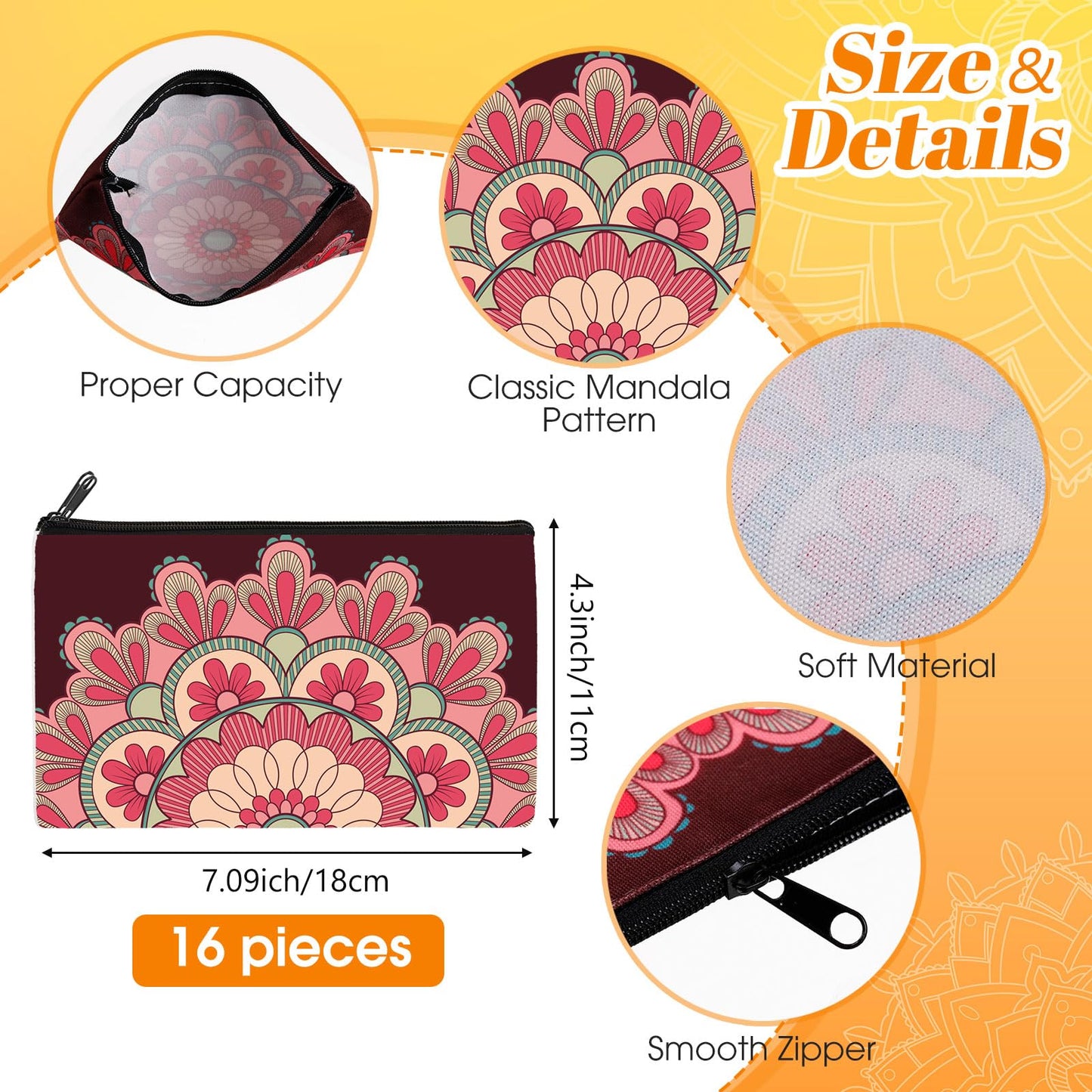 Yahenda 16 Pieces Cosmetic Makeup Bag Inspirational Zipper Pouch You Are Amazing Loved Beautiful Kind Pouch Inspirational Gifts for Girls Women Nurse Teacher Daughter Sister(Mandala)