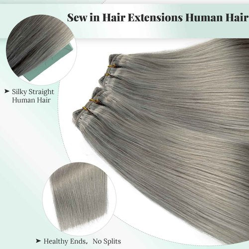 12 Inch Silver Grey Weft Sew in Hair Extensions Real Human Hair Weft Bundles, Hand Tied Silver Gray Sew in Weft Human Hair Extensions, 80G Per Bundle with Thick Full Ends