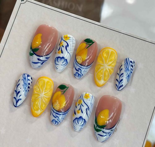Handcrafted Press On Nails Italian Vacation Style Lemon & Blue Ceramic Pattern 100% Handmade Realistic Artistic Fake Nails With Adhesive Glue Tabs And Tool Gifts For Women (Lemon,Medium M)