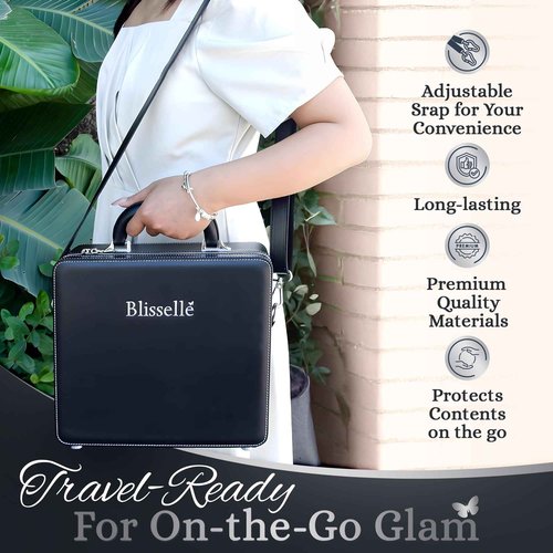 BLISSELLE Travel Makeup Bag with LED Lighted Mirror, Waterproof Make Up Mirror With Lighting And Adjustable Dividers, Portable Makeup Train Case Cosmetics Storage Bag, 3 Adjustable Brightness (Black)