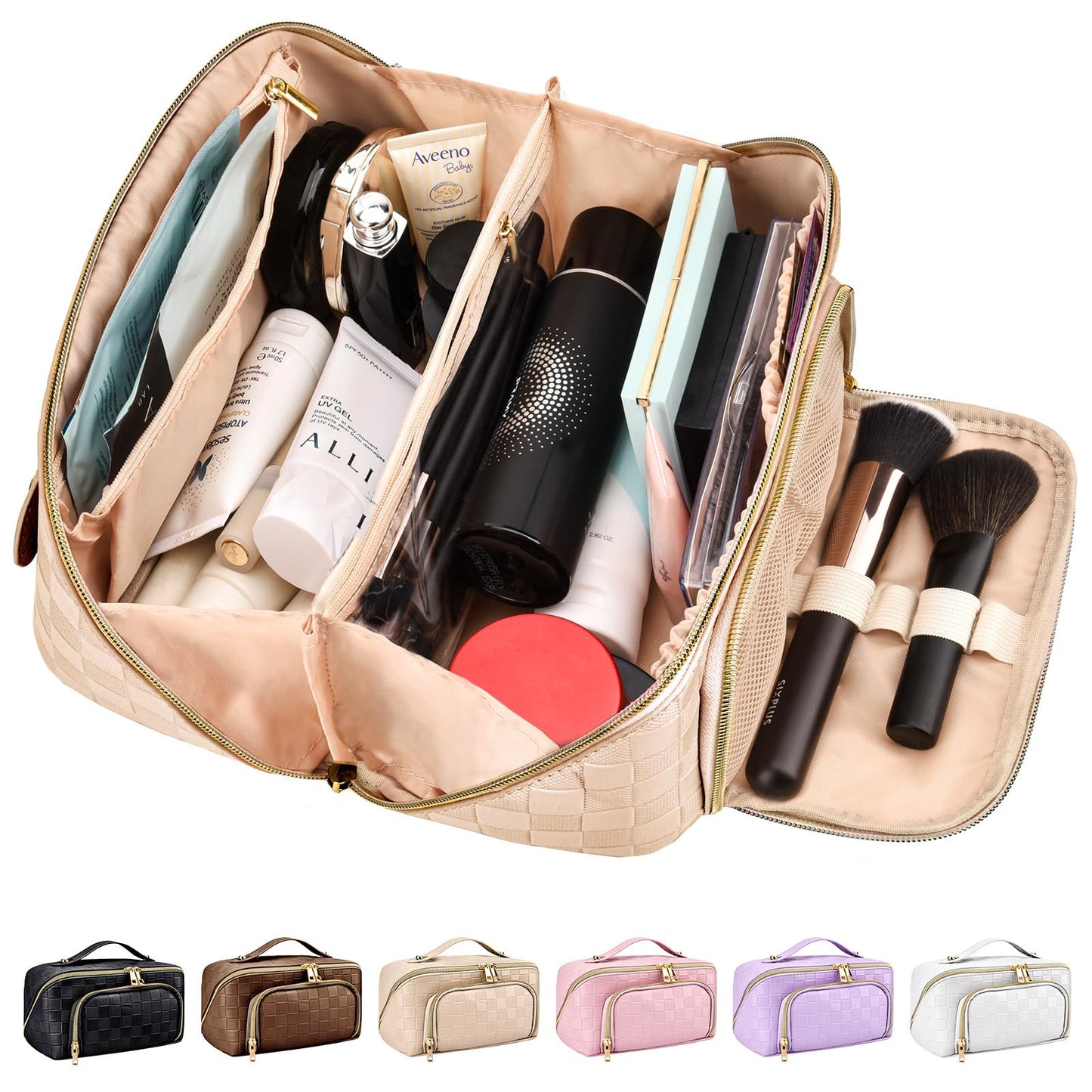 stona Travel Makeup Bag for Women, Large Capacity PU Leather Waterproof Checkered Cosmetic Bags, Portable Pouch Open Flat Toiletry Bag, Make up Organizer with Divider and Handle (Beige)