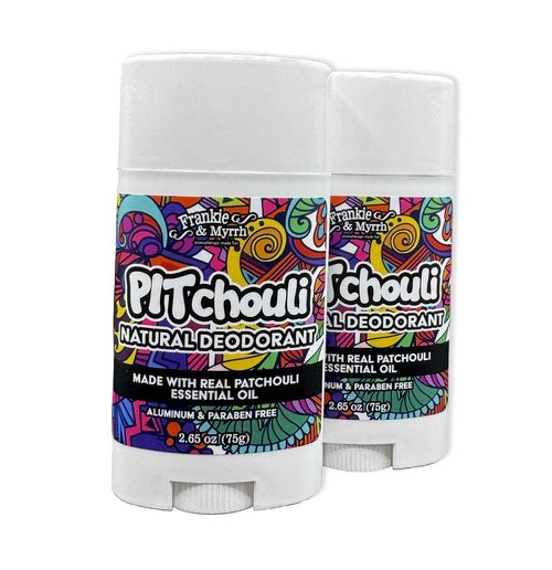 Frankie & Myrrh 2 Pack | Natural Patchouli Deodorant with Fun Extras | Aluminum Free, Baking Soda, Coconut Oil & Shea Butter (256 oz) | Includes Sticker Pack + Can Cooler