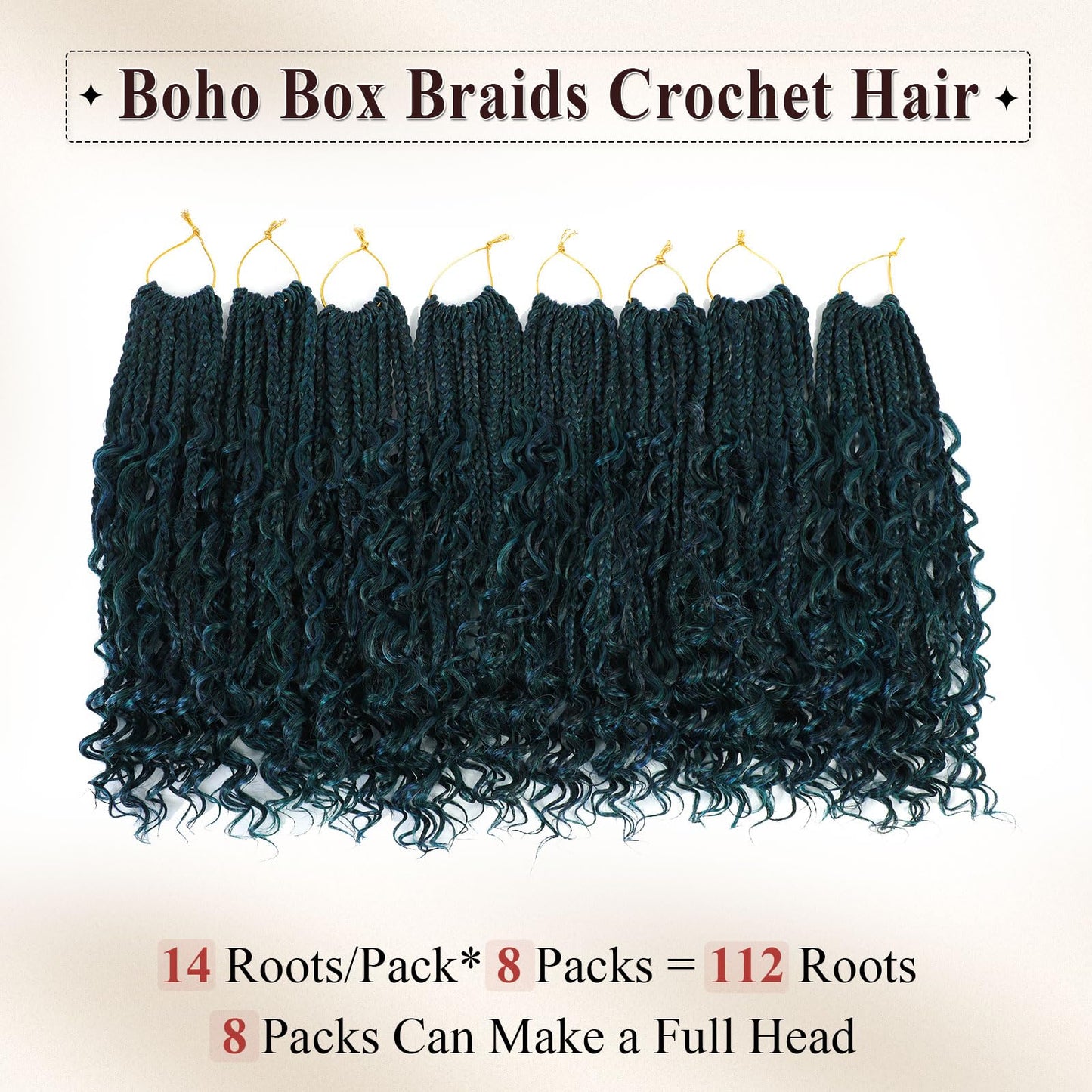 Boho Box Braids Crochet Hair 8 Packs Boho Crochet Braids Pre Looped 1B/Blue/Green Goddess Box Braids Crochet Hair for Black Women 12 Inch Boho Braids Crochet Hair Extension