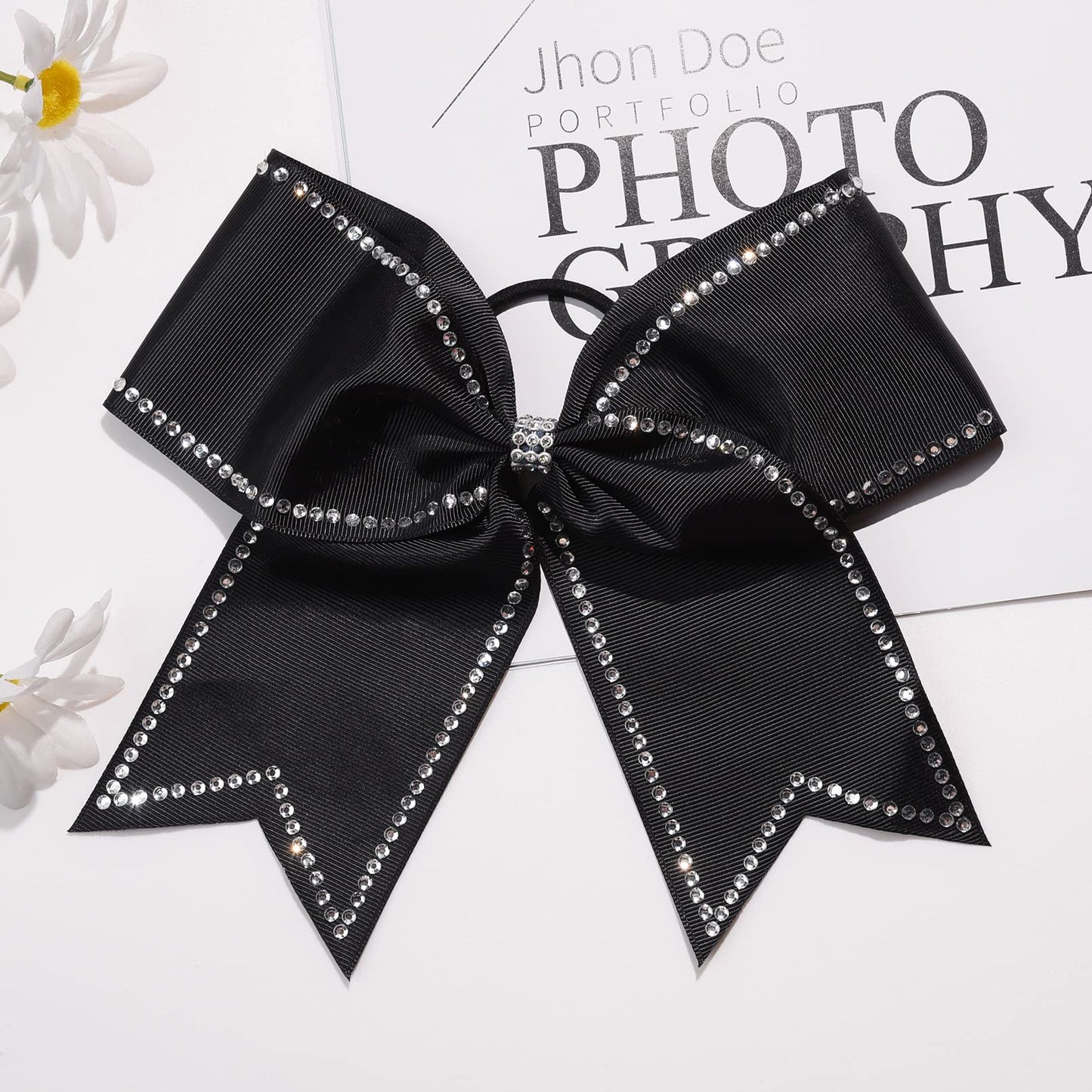 CEELGON 8" Large Rhinestones Cheer Bows 12 PCS Glitter Cheer Bows Handmade Elastic Band Girls Hair Bows for Cheerleaders Girls Softball Sports Competition (Black)