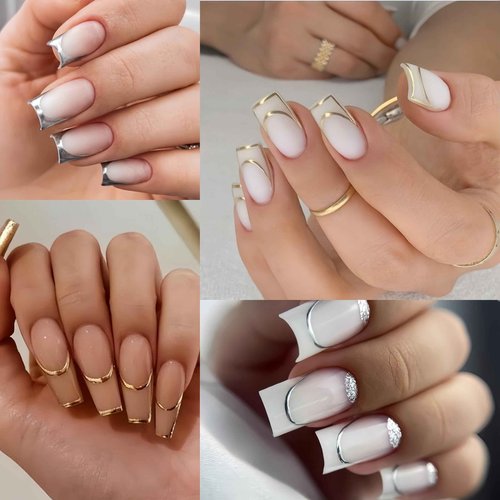8 Sheets French Stripe Line Nail Stickers 3D Self-Adhesive Metal Strip French Nail Decals Gold Silver Geometric Waved Nails Design French Line Nail Supplies for Women DIY Nail Decoration Kits