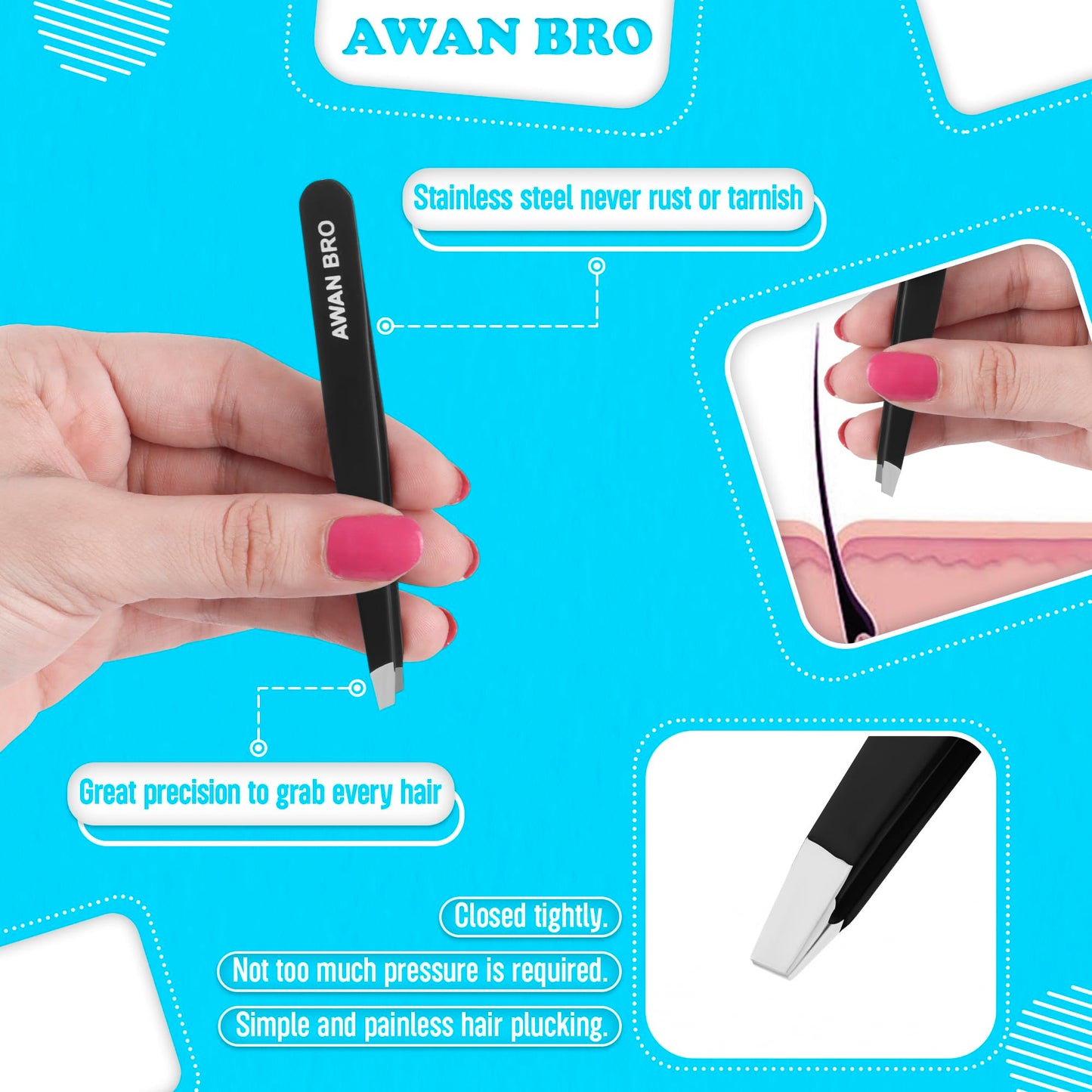 AWAN BRO Professional Stainless Steel Eyebrow Tweezers 4 Pieces With Case, Softly Closure High Precision Strong Grip Eyebrows Facial Hair Ingrown High Grade Tweezers For Women (Black Matt 4pack)