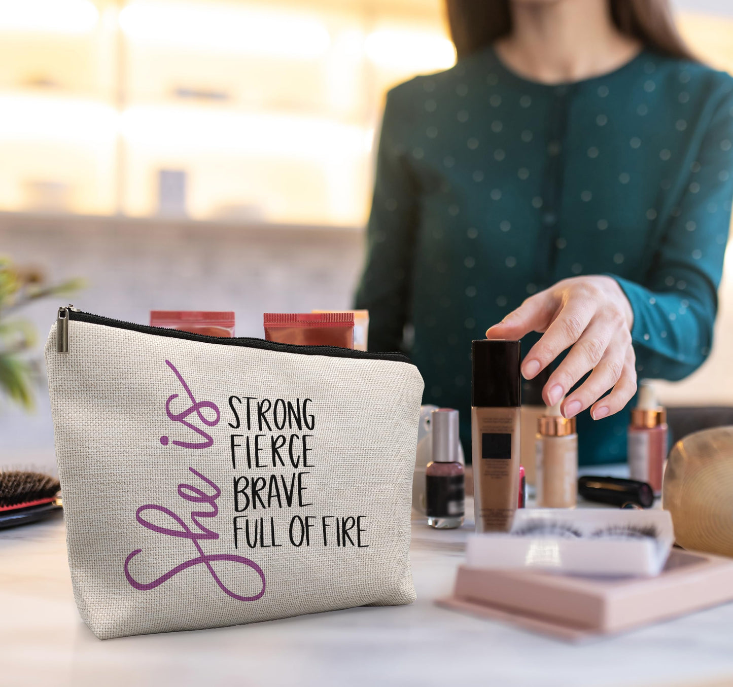 uinwk Inspirational Makeup Bag,Women Empowerment Gift,Woman Power Gifts,She Is Strong Fierce Brave Full Of Fire Cosmetic Bag,Gifts For Mom Grandma Friends Girls