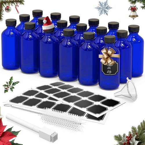 Nevlers 8 oz Glass Bottles with Lids 18 Pack | Cobalt Blue Reusable Glass Bottles with Caps, Funnel, Cleaning Brush, Marker & Labels | For Use as Mini Perfume Bottle, Small Tincture Bottle, & More