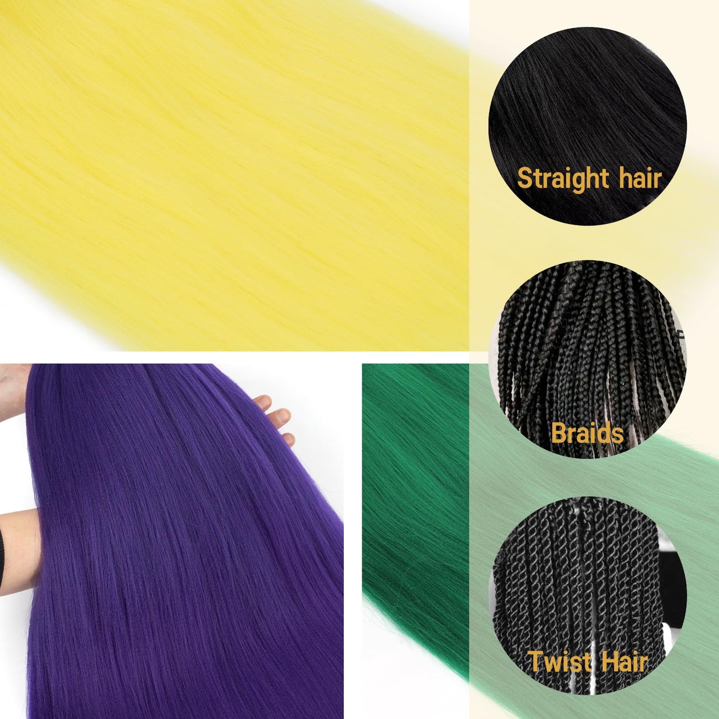 Menethe Hair Braiding Hair Pre Stretched 24 inch Colored Prestretched Braiding Hair Natural as Human Braiding Hair Extensions Crochet Hair Synthetic Crochet Braids(24Inch,Green/Purple/Yellow#).