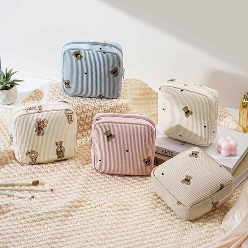RSRSLEII Cute Mini Corduroy Zipper Makeup Bag for Purse, Coquette Aesthetic Pouch with Bear Pattern for Women Girls,Key Pocket Lipstick Bag Card Holder Data Cable Organizer(05Great Bear)