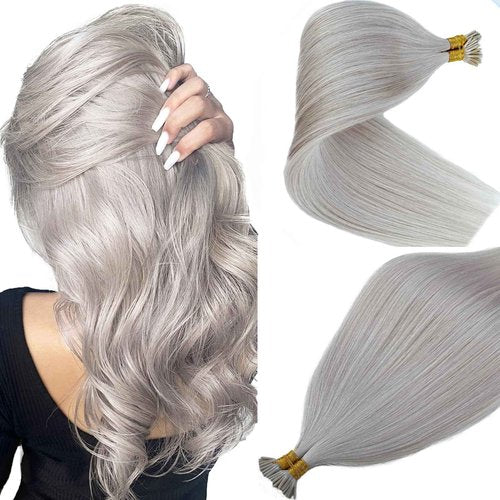 Silver I Tip Hair Extensions - Human Hair Pre-Bonded Cold Fusion Stick Tip Real Remy Hair Piece for Women - Invisible Keratin Microlink Extensions 16 Inch 100 Strands 50G