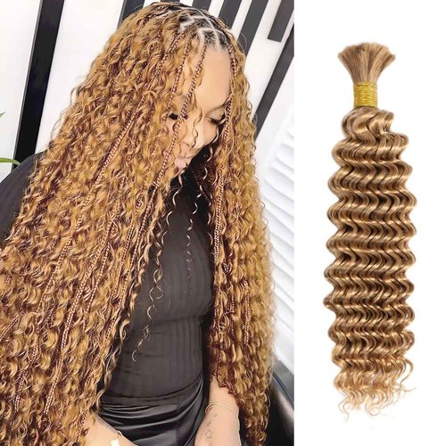 12A #27 Honey Blonde Human Braiding Hair for Boho Braids 1 Bundle 22 Inch 50g Deep Wave Braiding Hair for Bohemian Knotless Braids 100% Unprocessed Virgin Bulk Hair Extensions No Weft