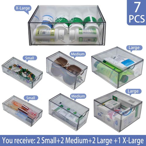 MINIBIGBOX 7 Pack Stackable Storage Drawers Acrylic Bathroom Makeup Organizer Clear Plastic Storage Bins for Makeup,Vanity,Pantry,Desk,Undersink,Kitchen