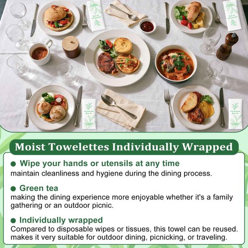 Moist Cotton Towel Bulk Moist Towelettes Individually Wrapped,White Towel Services,Refreshment Pre Moistened Towels for Dentist Travel Sport Party Hotel 100，Green tea